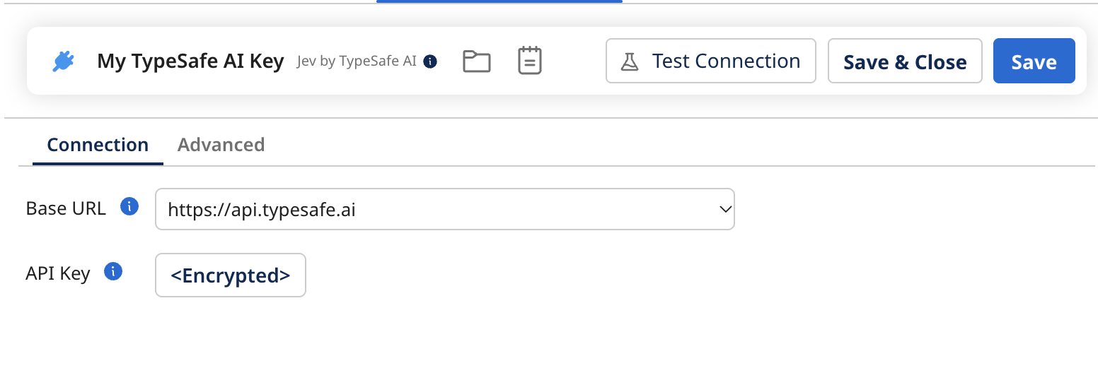 Jev connection configuration showing the Base URL and an encrypted API key field