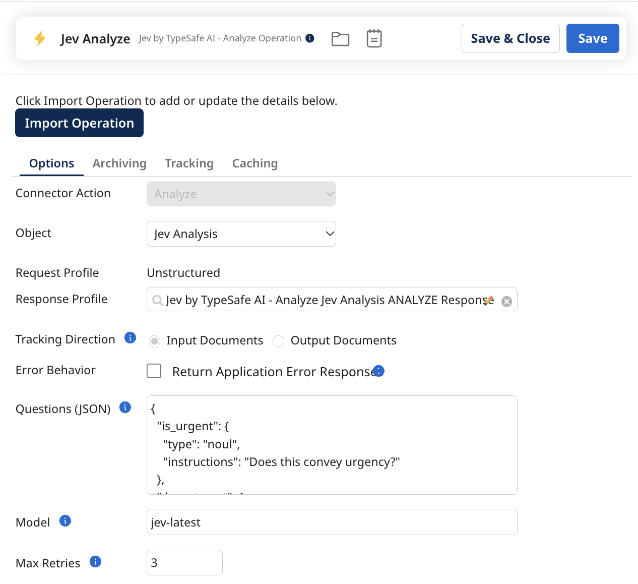Jev Analyze operation with Jev Analysis selected and a Questions JSON field