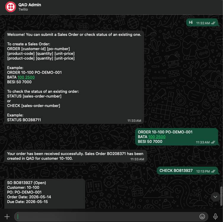 WhatsApp to QAD Sales Order