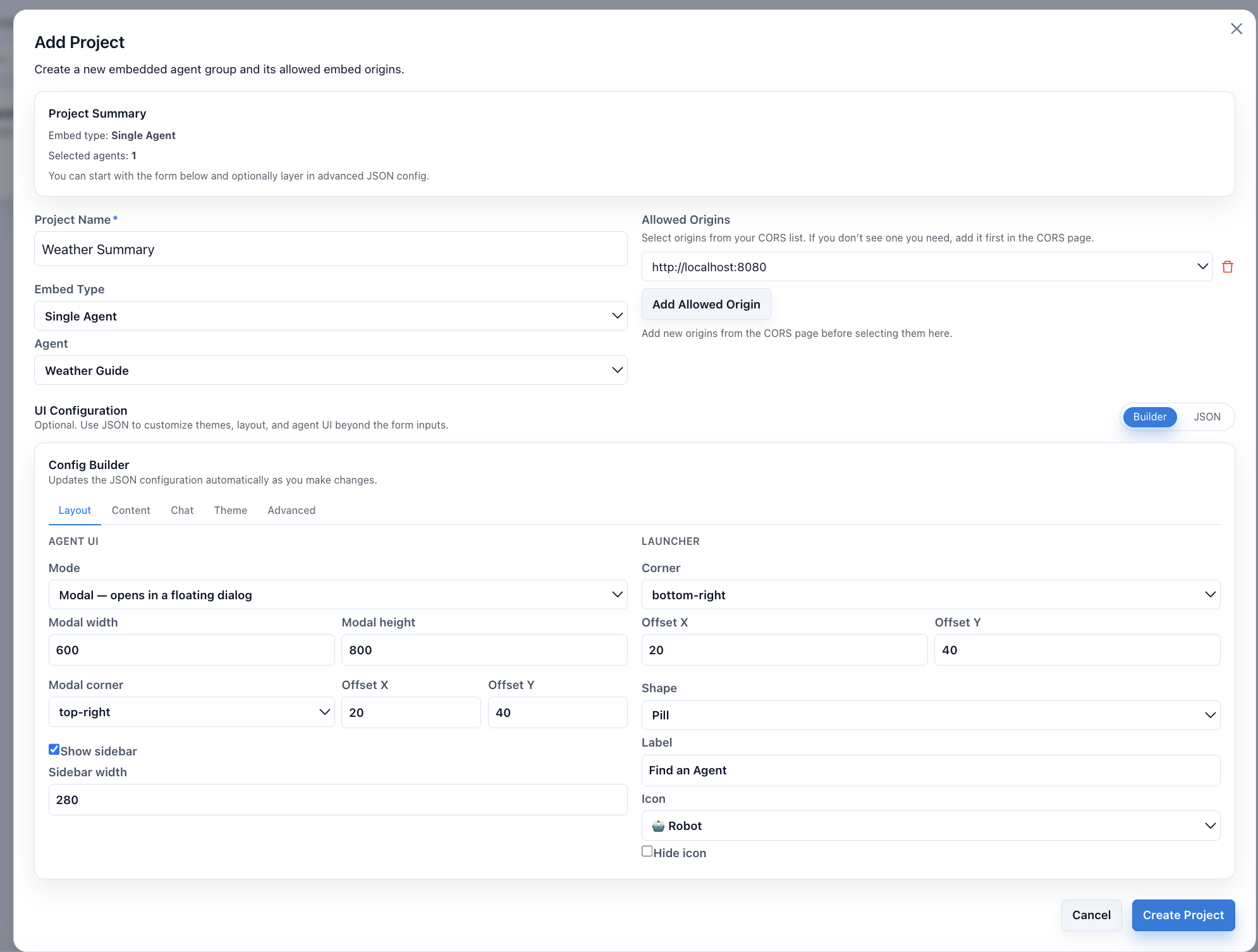 The EmbedKit Admin Console showing the newly created embed project with its generated embed snippet