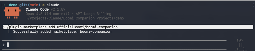 Claude Code terminal showing the /plugin marketplace add OfficialBoomi/boomi-companion command being entered