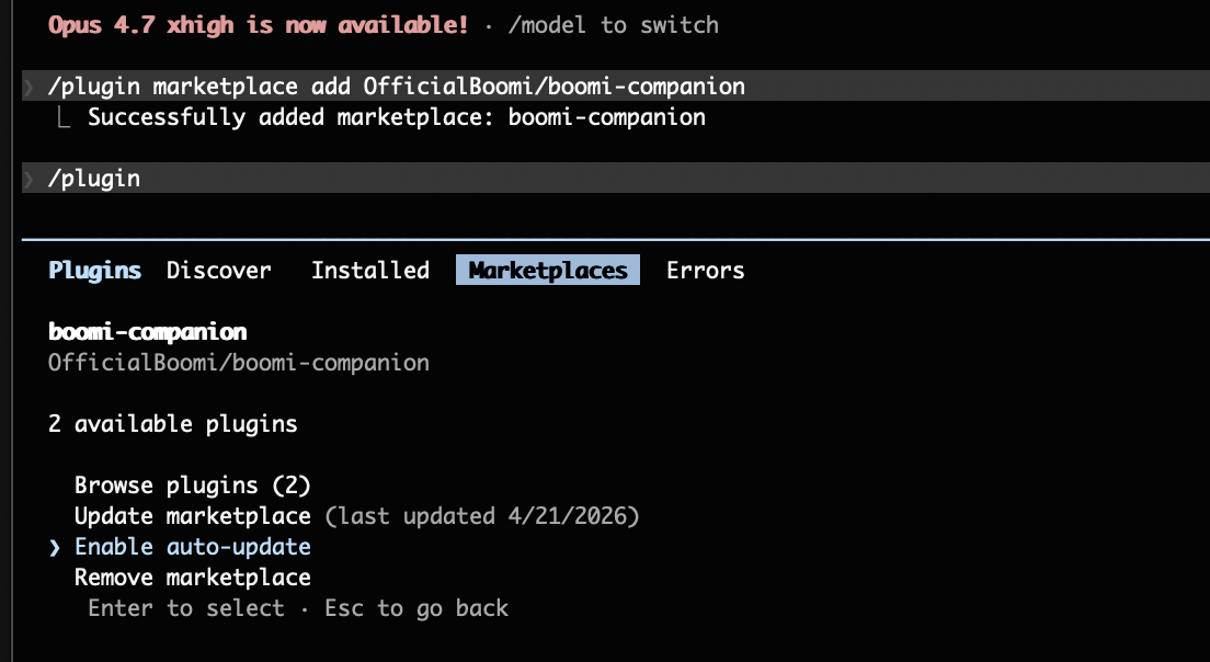 Claude Code plugin menu showing the Enable auto-update option for boomi-companion
