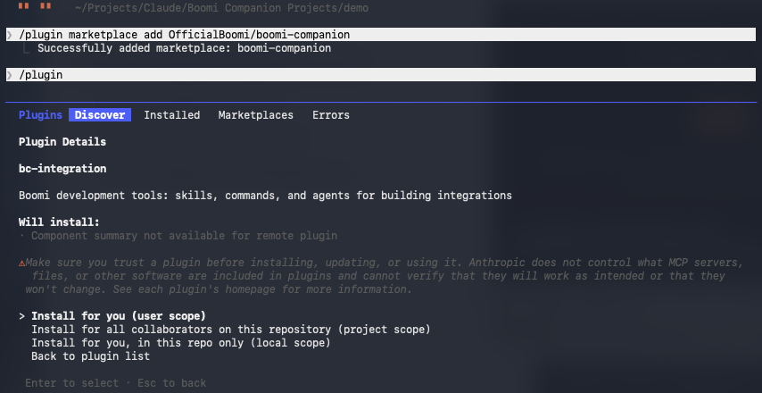 Claude Code plugin installer showing the Install for you (user scope) option