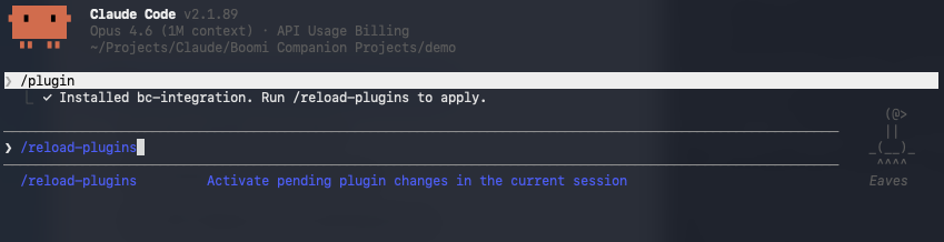 Claude Code terminal showing the /reload-plugins command being entered