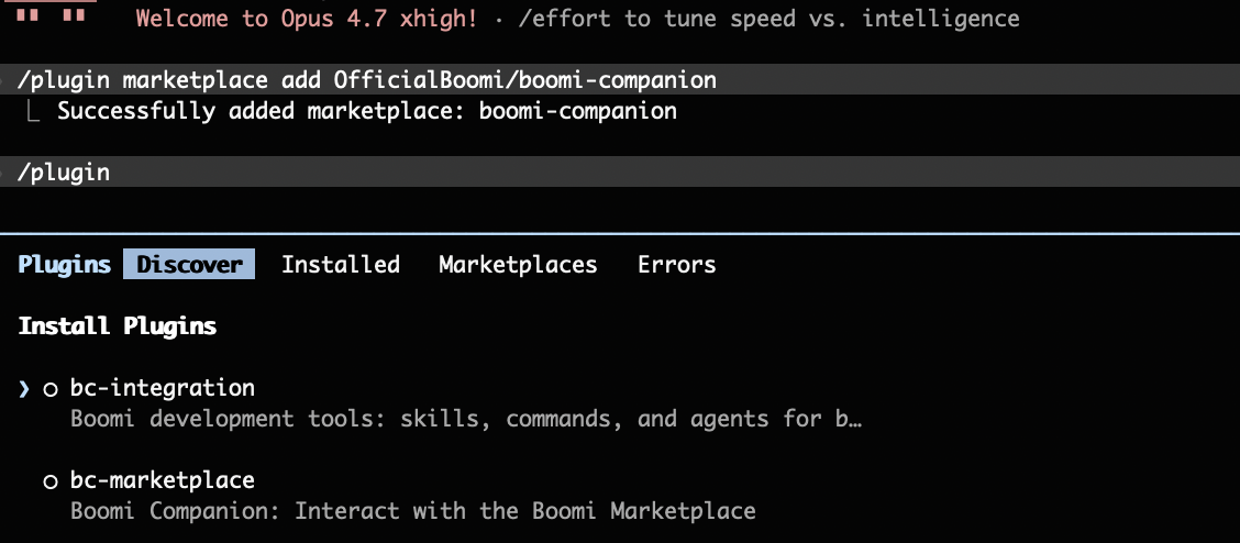 Claude Code plugin browser showing bc-integration selected