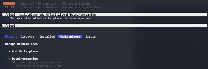 Claude Code plugin menu with Marketplaces and boomi-companion selected