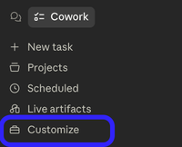 The Cowork Customize option in the Claude Cowork interface