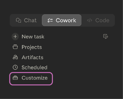 The Cowork Customize option in the Claude Cowork interface