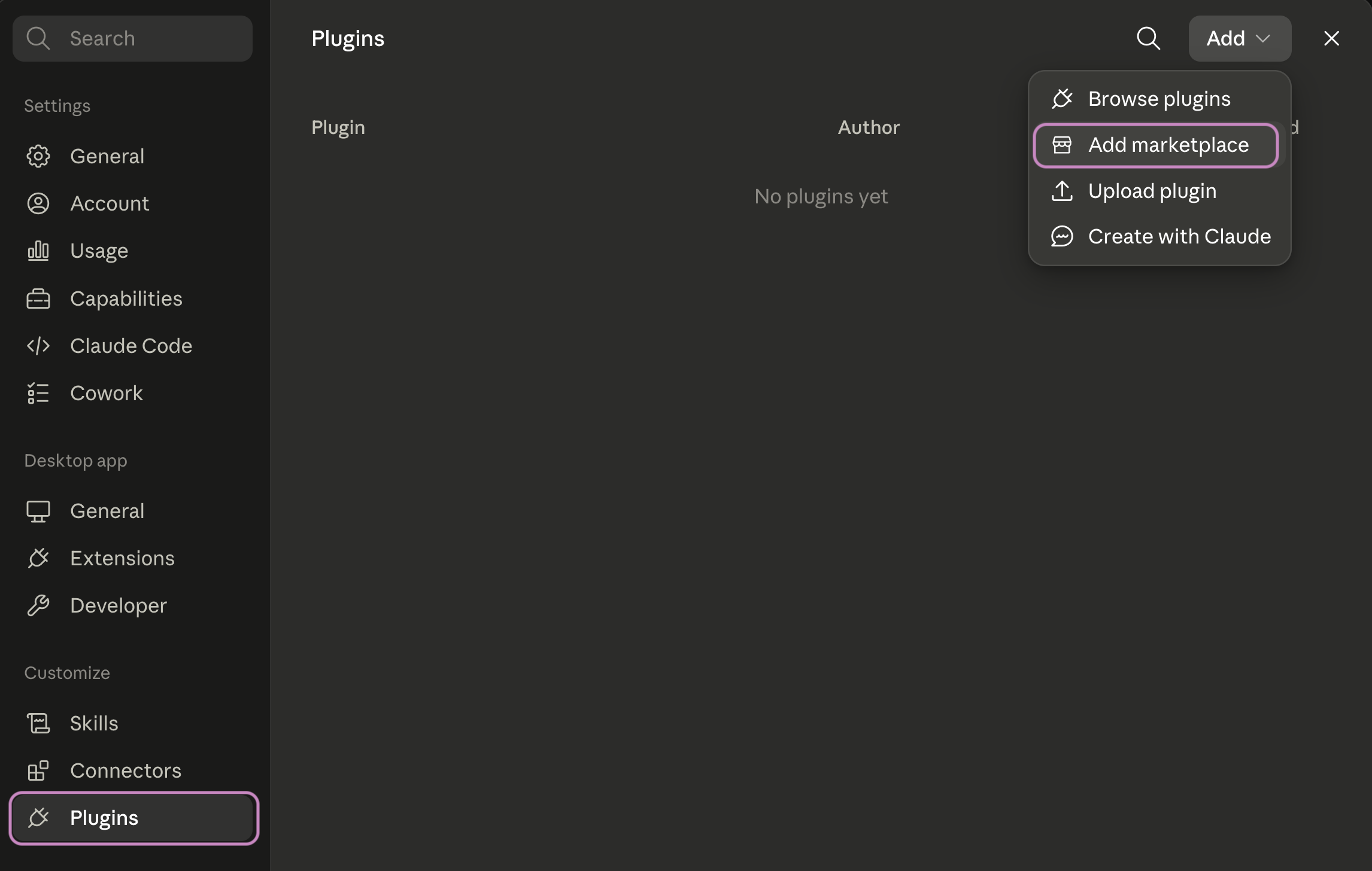 The Add Marketplace option accessed from the Add option