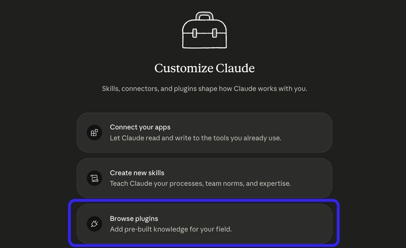 The Browse plugins option in the Cowork Customize panel