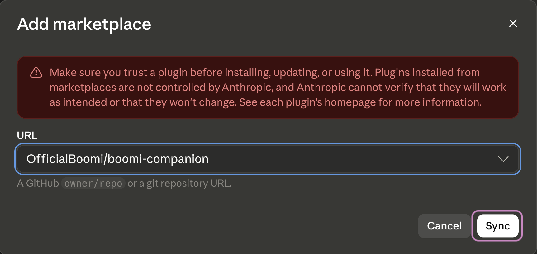 The Add Marketplace dialog with OfficialBoomi/boomi-companion entered as the marketplace source