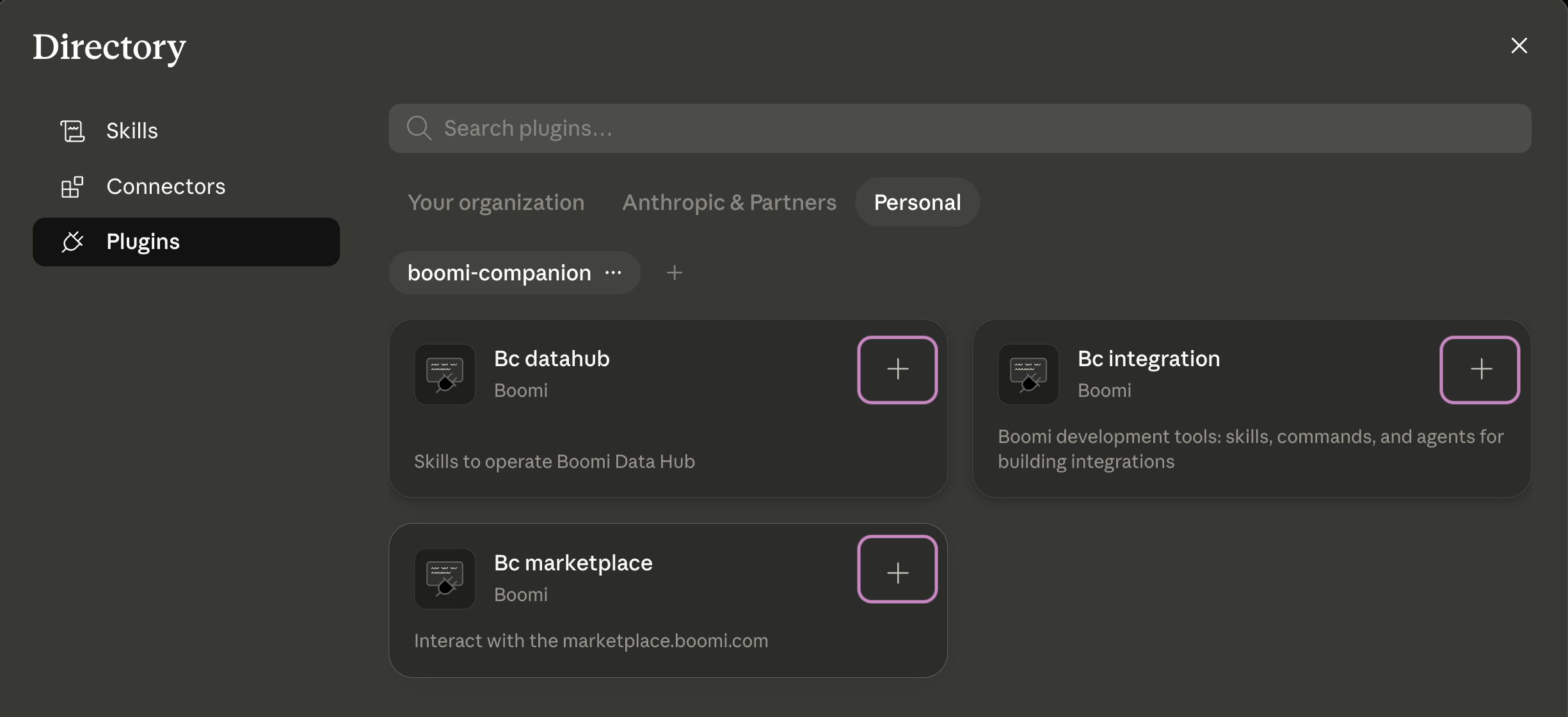 The conKeyRefs.BoomiCompanion plugin listing with the + icon used to add each plugin