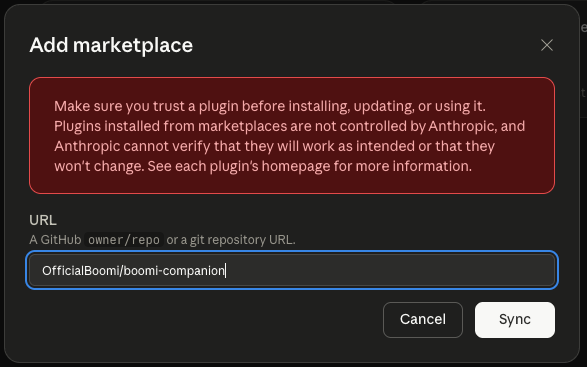 The Add Marketplace dialog with OfficialBoomi/boomi-companion entered as the marketplace source