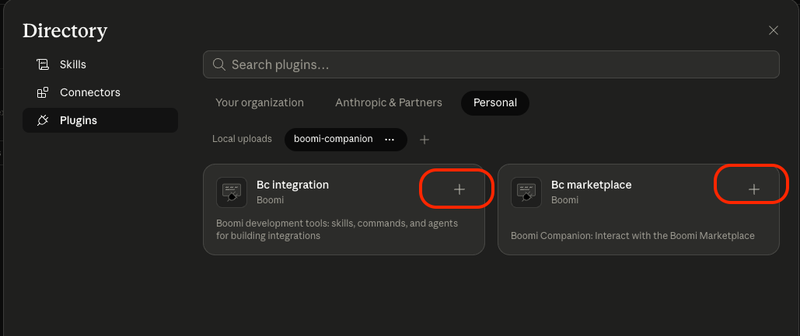 The conKeyRefs.BoomiCompanion plugin listing with the + icon used to add each plugin