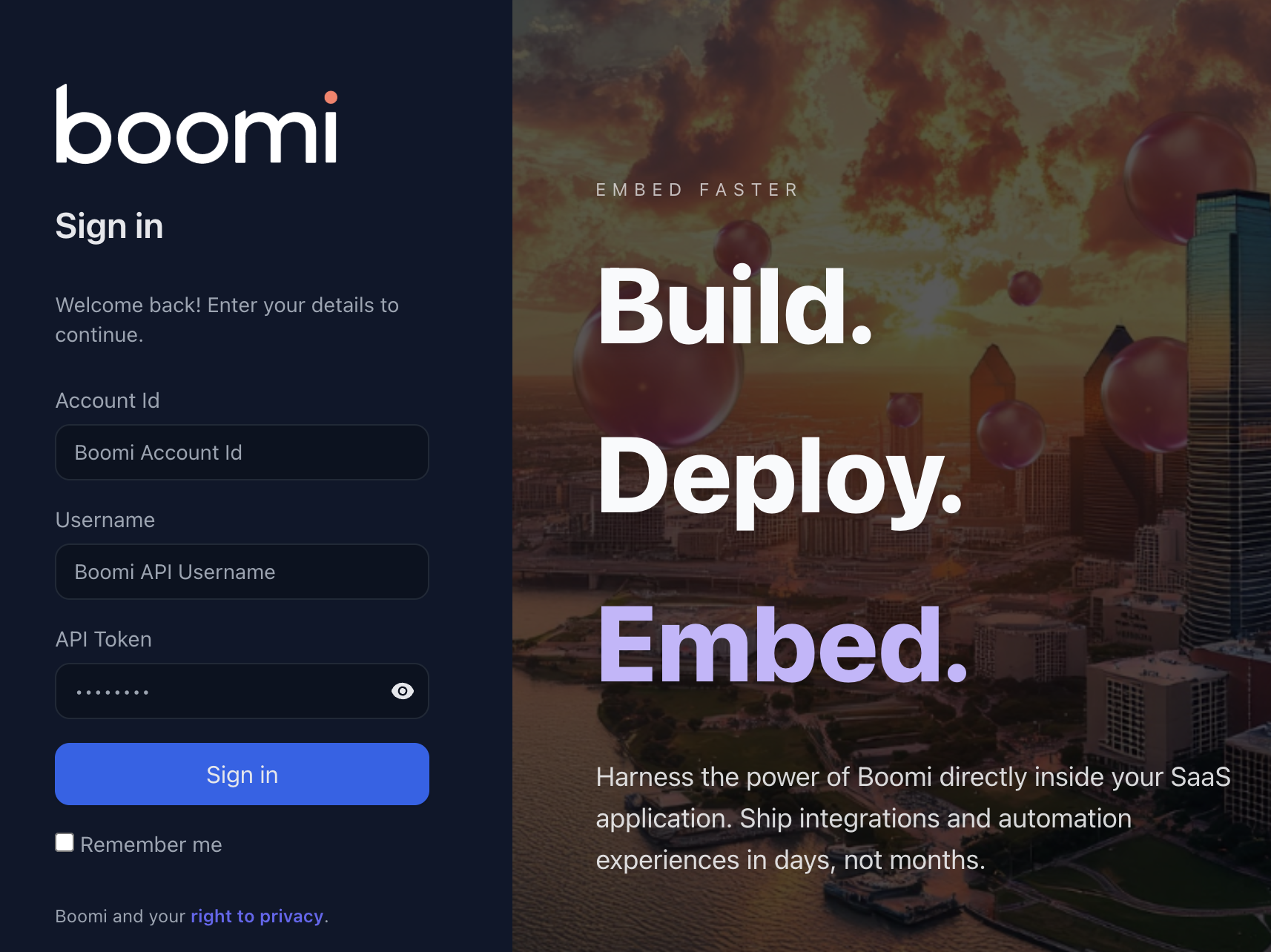 The EmbedKit Admin Console sign-in page with Account Id, Username, and API Token fields