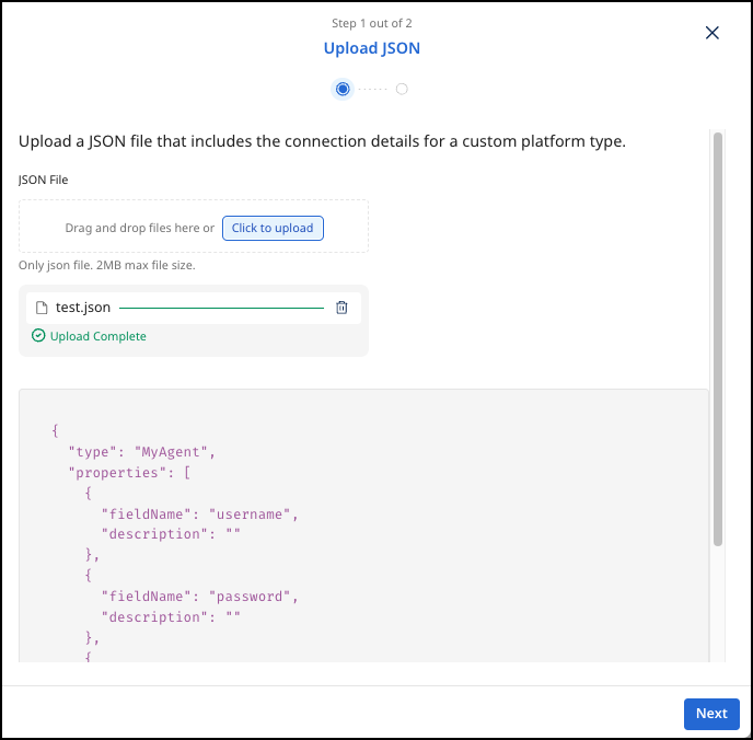 API Control Plane dialog that contains an option to upload your JSON file