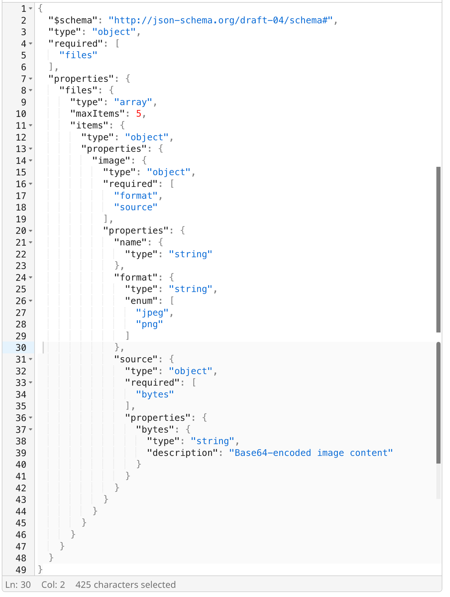 Agent Designer input schema showing a structured agent configuration with a files field that accepts an array of file objects for upload support