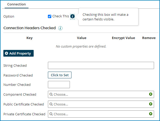 Click to zoom Connection panel, with fields for entry, when the user selects the check box.